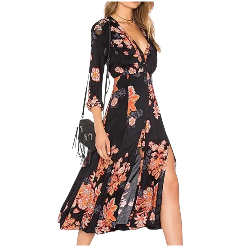 Free People Floral Embroidered Mesh Shoulder Button Front Midi Dress Black Sz 2